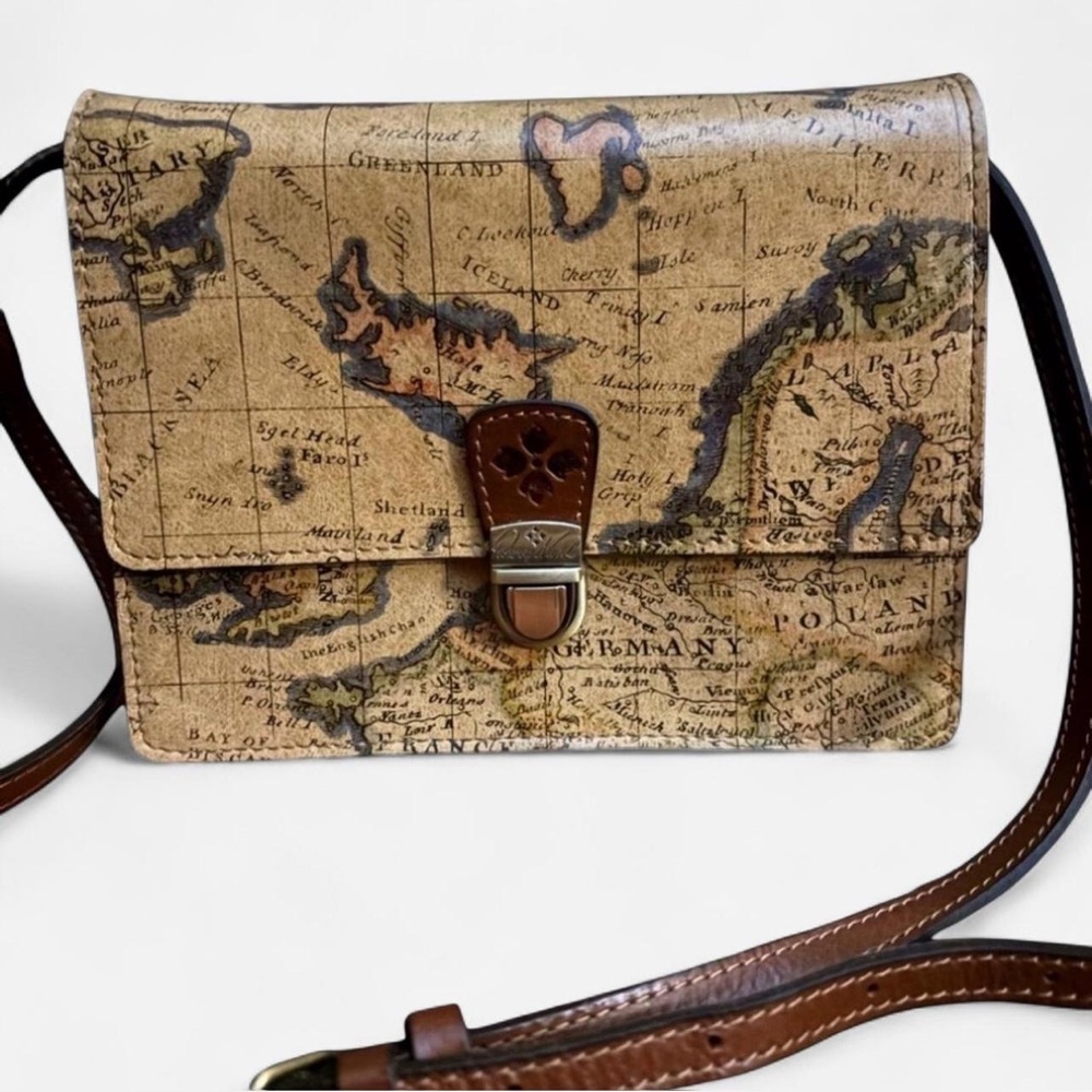 Patricia Nash Tan Leather Vintage Map Print Crossbody Bag